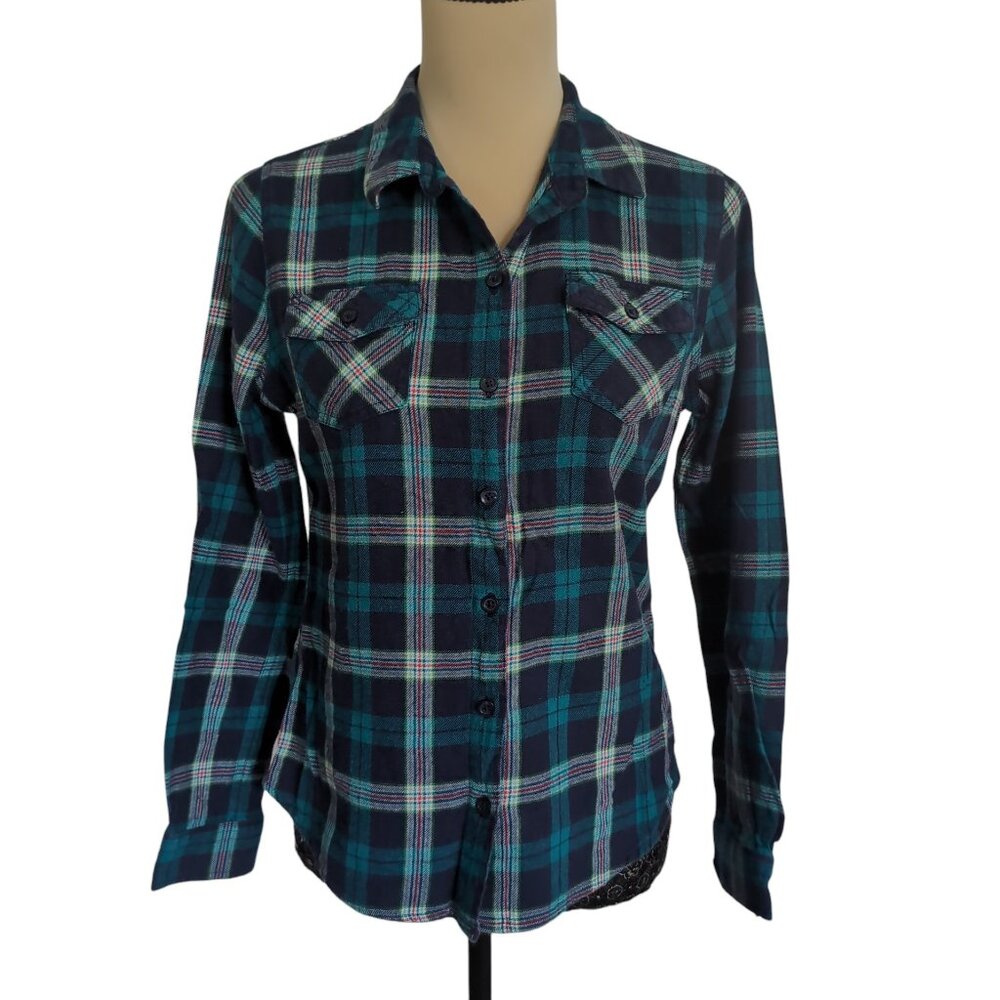 Navy Plaid Flannel Long Sleeve Button Up Shirt Size Large